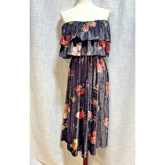 ASOS Floral Stretch Velvet Off the Shoulder Double Ruffle Pleated Midi Dress 4‎ - Picture 2 of 5